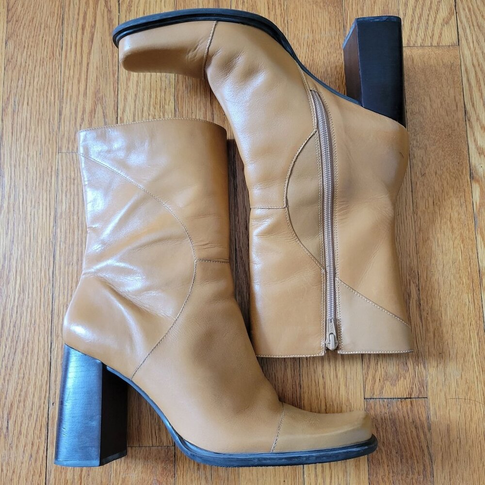 Bruno Valenti DARCY Block Heel‎ Leather Boots 10 Camel Tan Vintage Brazil Chunky